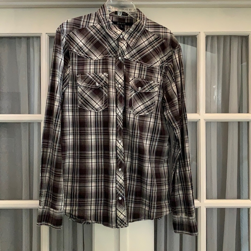 BLACK Brown & white plaid long sleeve shirt Size L